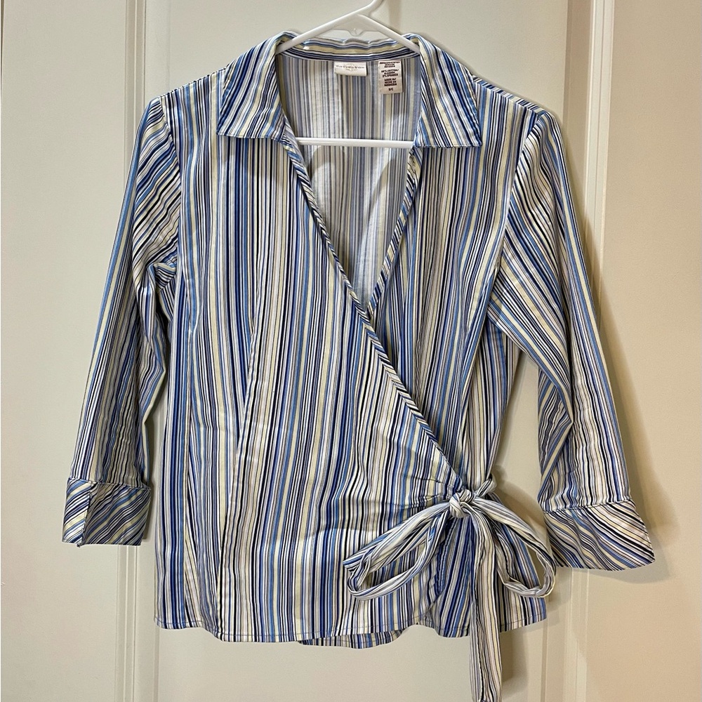 Vintage Covington Blue and Yellow Striped Wrap Top Size S